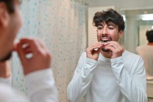 A,Man,Looking,At,The,Mirror,With,Dental,Aligner,Retainer